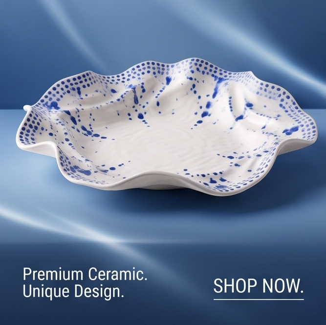 Summer Blue Dots Ruffled Ceramic Serving Bowl