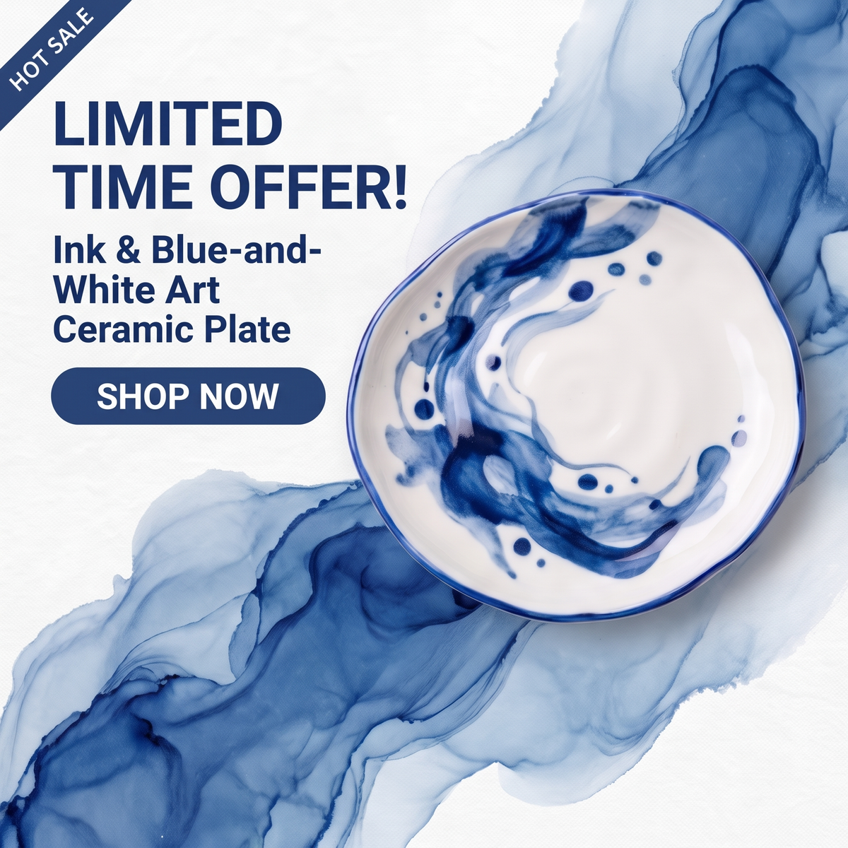 Ink & Blue-and-White Hand-Painted Ceramic Plate