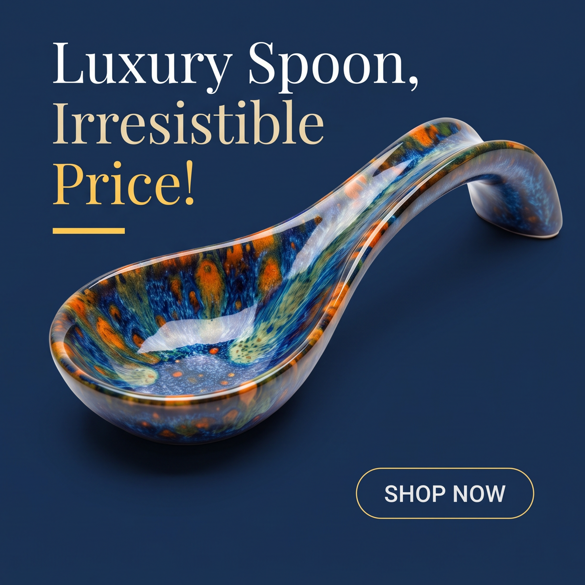 Blue & Amber Glazed Ceramic Soup Spoon with Curved Handle