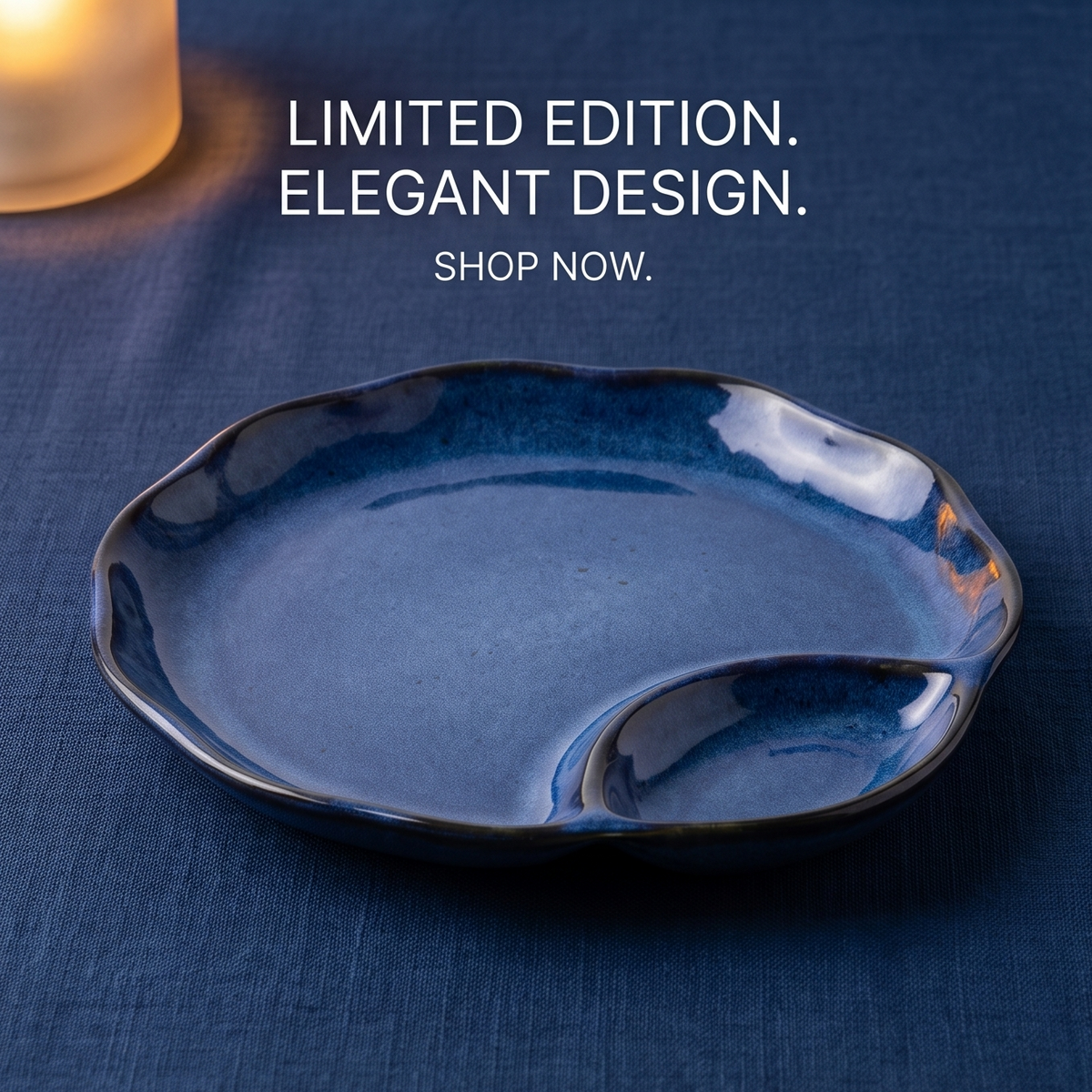 Blue Glazed Ceramic Plate with Built-In Sauce Dish