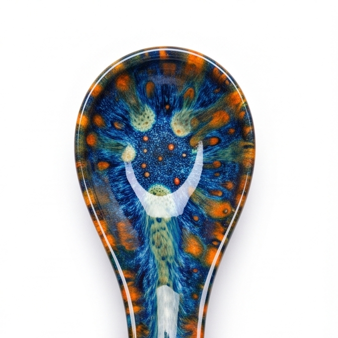Blue & Amber Glazed Ceramic Soup Spoon with Curved Handle
