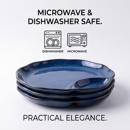 Blue Glazed Ceramic Plate with Built-In Sauce Dish