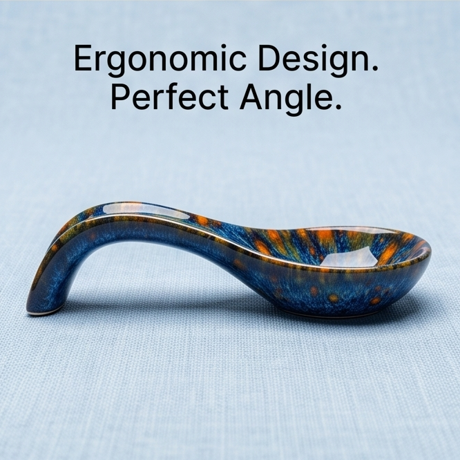 Blue & Amber Glazed Ceramic Soup Spoon with Curved Handle