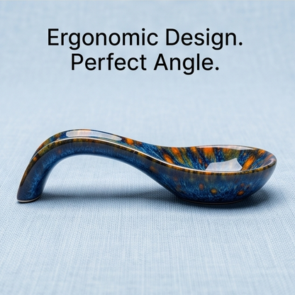 Blue & Amber Glazed Ceramic Soup Spoon with Curved Handle