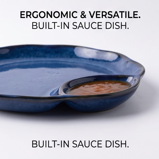 Blue Glazed Ceramic Plate with Built-In Sauce Dish
