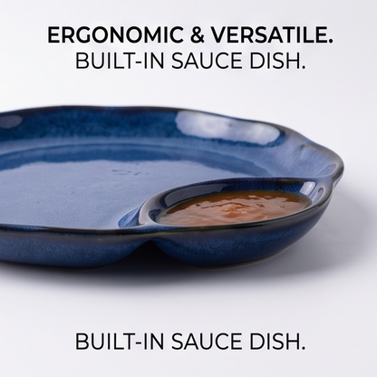 Blue Glazed Ceramic Plate with Built-In Sauce Dish