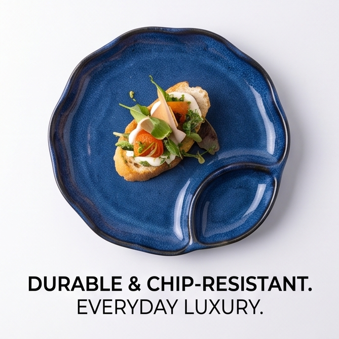Blue Glazed Ceramic Plate with Built-In Sauce Dish
