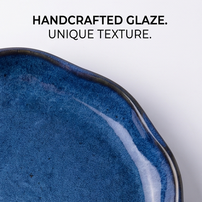 Blue Glazed Ceramic Plate with Built-In Sauce Dish