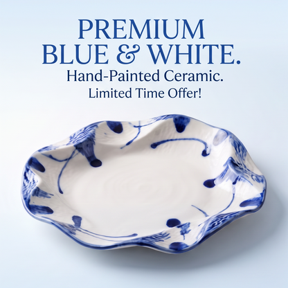 Hand-Painted Blue & White Wavy Edge Ceramic Plate