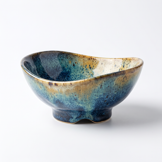 Artisan Blue Reactive Glaze Stoneware Bowl with Organic Rim