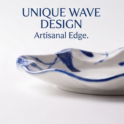 Hand-Painted Blue & White Wavy Edge Ceramic Plate