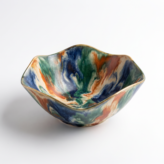 Marble Glaze Wavy Ceramic Bowl with Gold Rim
