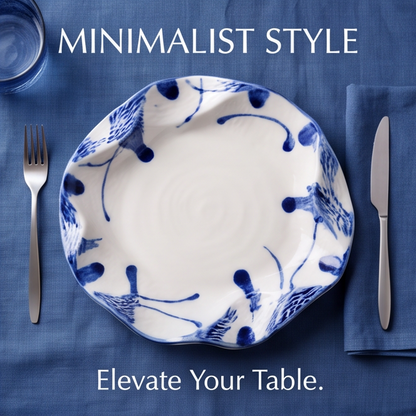 Hand-Painted Blue & White Wavy Edge Ceramic Plate