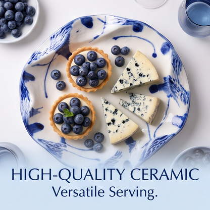 Hand-Painted Blue & White Wavy Edge Ceramic Plate