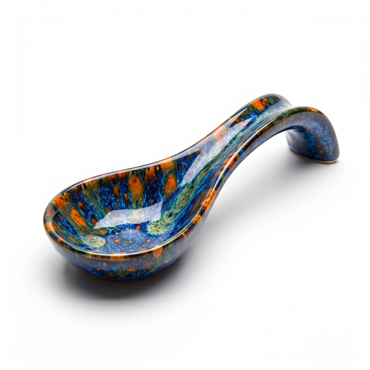 Blue & Amber Glazed Ceramic Soup Spoon with Curved Handle