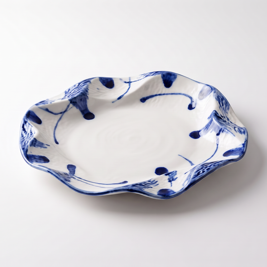 Hand-Painted Blue & White Wavy Edge Ceramic Plate