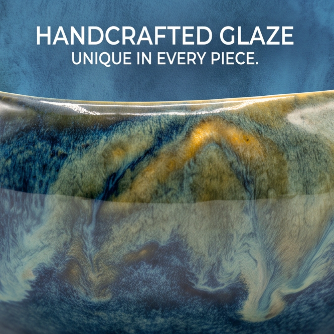 Organic Blue & Gold Flow Glaze Ceramic Bowl