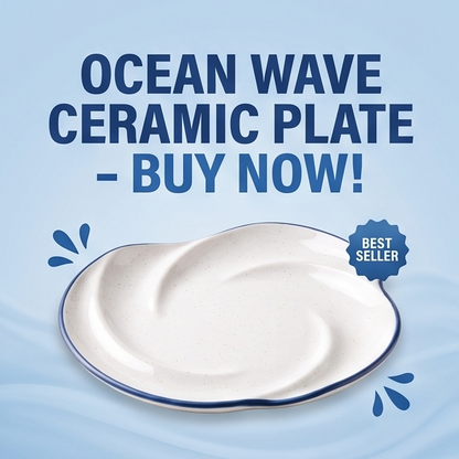 Ocean Wave Spiral Ceramic Plate with Blue Rim