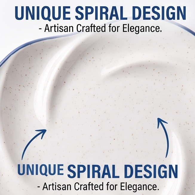 Ocean Wave Spiral Ceramic Plate with Blue Rim