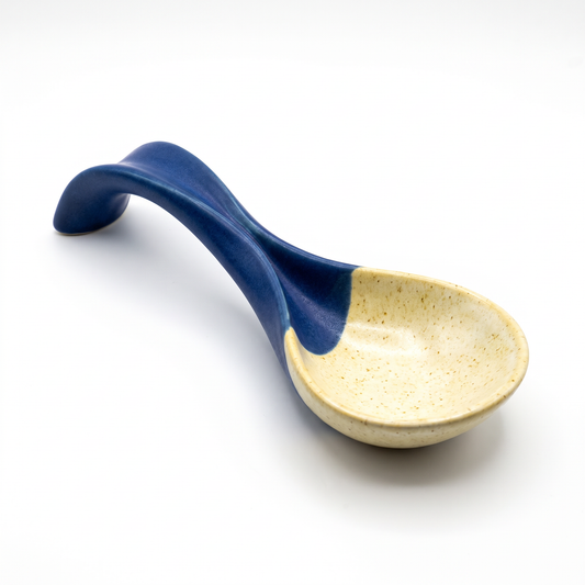 Two-Tone Blue & Cream Speckled Ceramic Soup Spoon