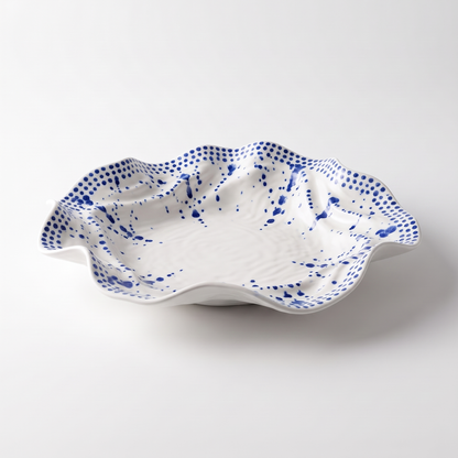 Summer Blue Dots Ruffled Ceramic Serving Bowl