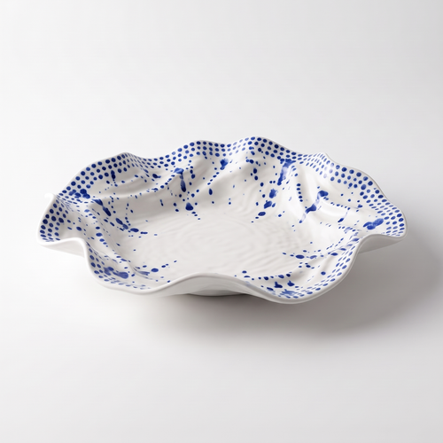 Summer Blue Dots Ruffled Ceramic Serving Bowl