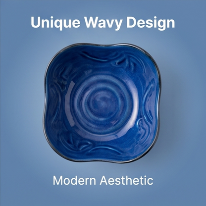 Ocean Blue Wavy Hand-Painted Ceramic Bowl