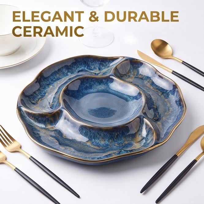 Blue Glazed Divided Serving Platter with Gold Rim