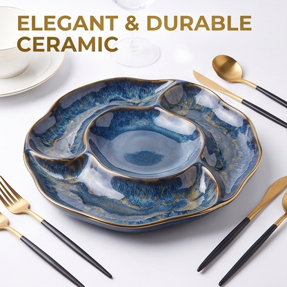Blue Glazed Divided Serving Platter with Gold Rim