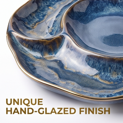 Blue Glazed Divided Serving Platter with Gold Rim