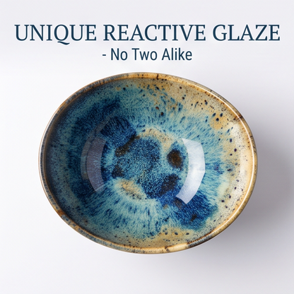 Artisan Blue Reactive Glaze Stoneware Bowl with Organic Rim