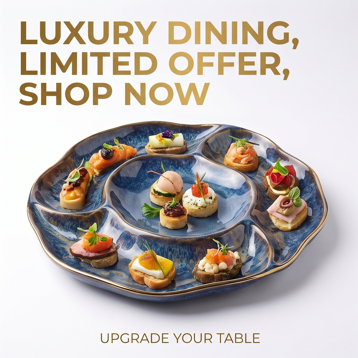 Blue Glazed Divided Serving Platter with Gold Rim