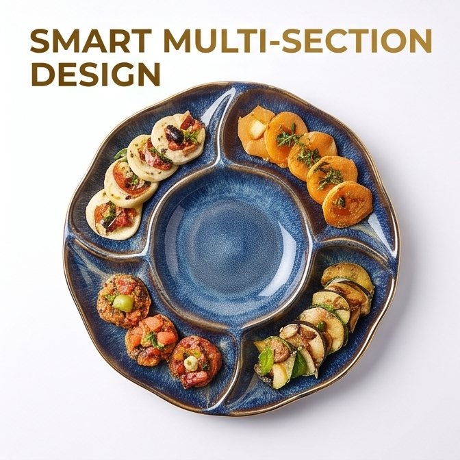 Blue Glazed Divided Serving Platter with Gold Rim