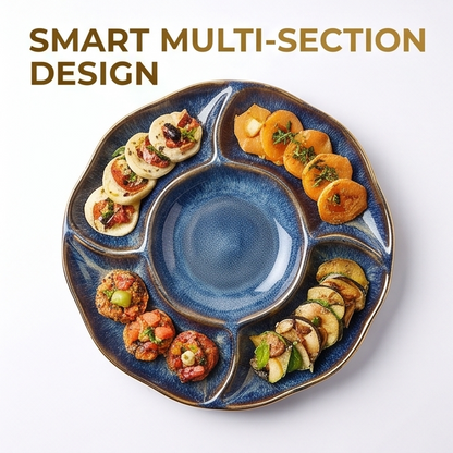 Blue Glazed Divided Serving Platter with Gold Rim