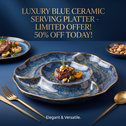 Blue Glazed Divided Serving Platter with Gold Rim