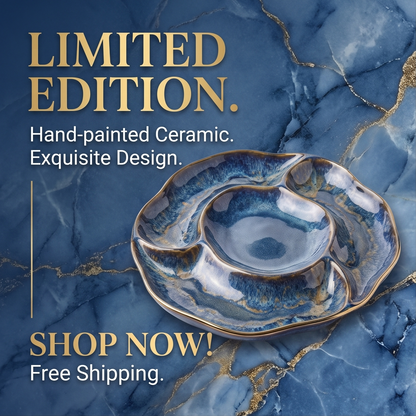 Blue Glazed Divided Serving Platter with Gold Rim