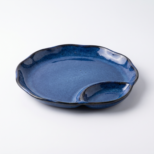 Blue Glazed Ceramic Plate with Built-In Sauce Dish
