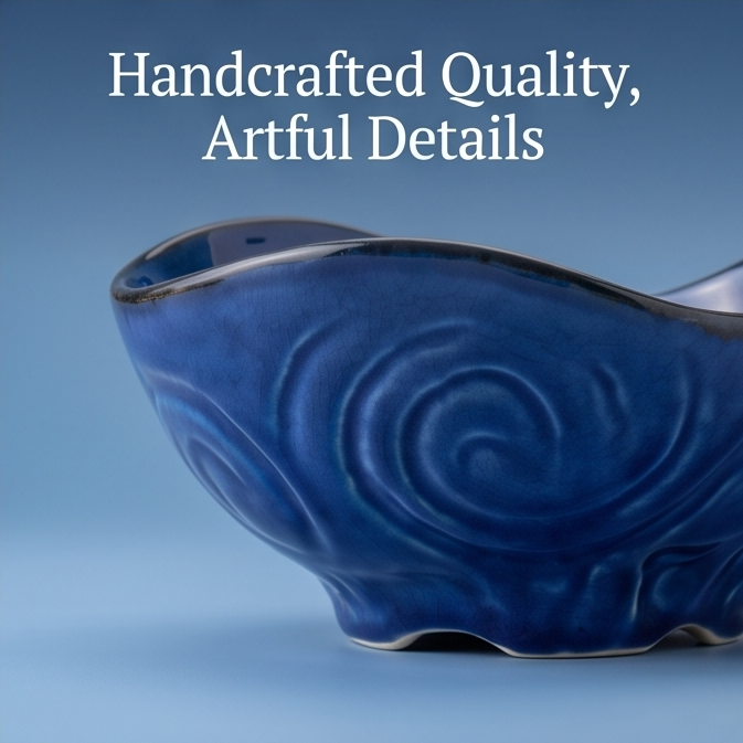 Ocean Blue Wavy Hand-Painted Ceramic Bowl