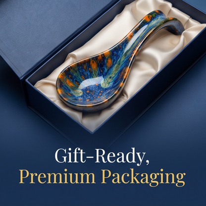 Blue & Amber Glazed Ceramic Soup Spoon with Curved Handle