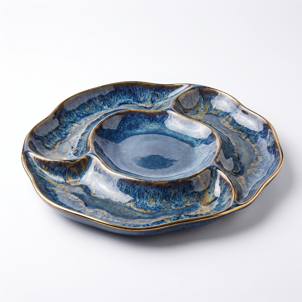 Blue Glazed Divided Serving Platter with Gold Rim