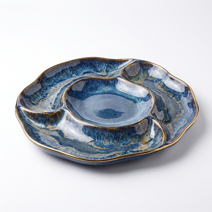 Blue Glazed Divided Serving Platter with Gold Rim