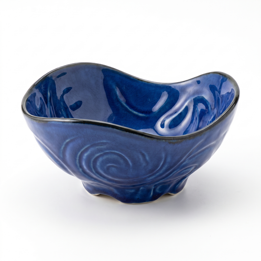 Ocean Blue Wavy Hand-Painted Ceramic Bowl